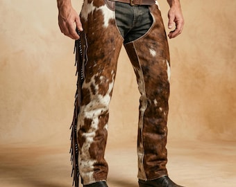 Men's Hair-On Cowhide Leather Chaps, Western Cowboy Fringe Rodeo Gear