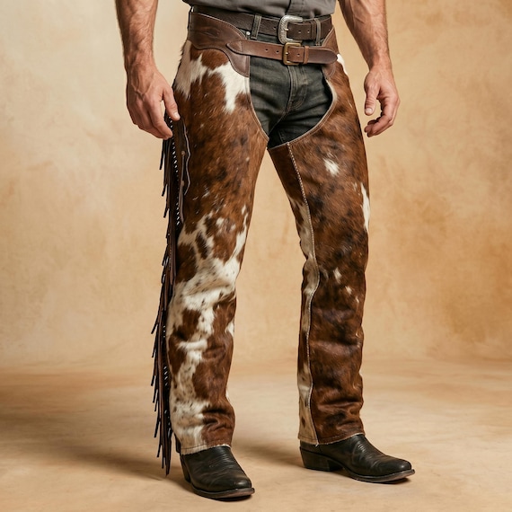 Men's Hair-On Cowhide Leather Chaps, Western Cowboy Fringe Rodeo Gear