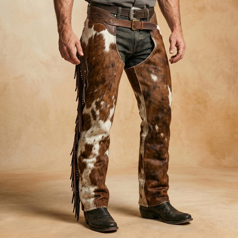 May include: Cowhide chaps with a brown and white spotted pattern, featuring a leather belt and fringe detailing. The chaps are worn over dark denim jeans and black cowboy boots, showcasing a Western style.