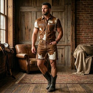 May include: A brown and white cowhide shirt and shorts set with a button-down shirt, short sleeves, and lace-up shorts. The outfit is paired with black cowboy boots. The background includes a wooden door and a brick wall.