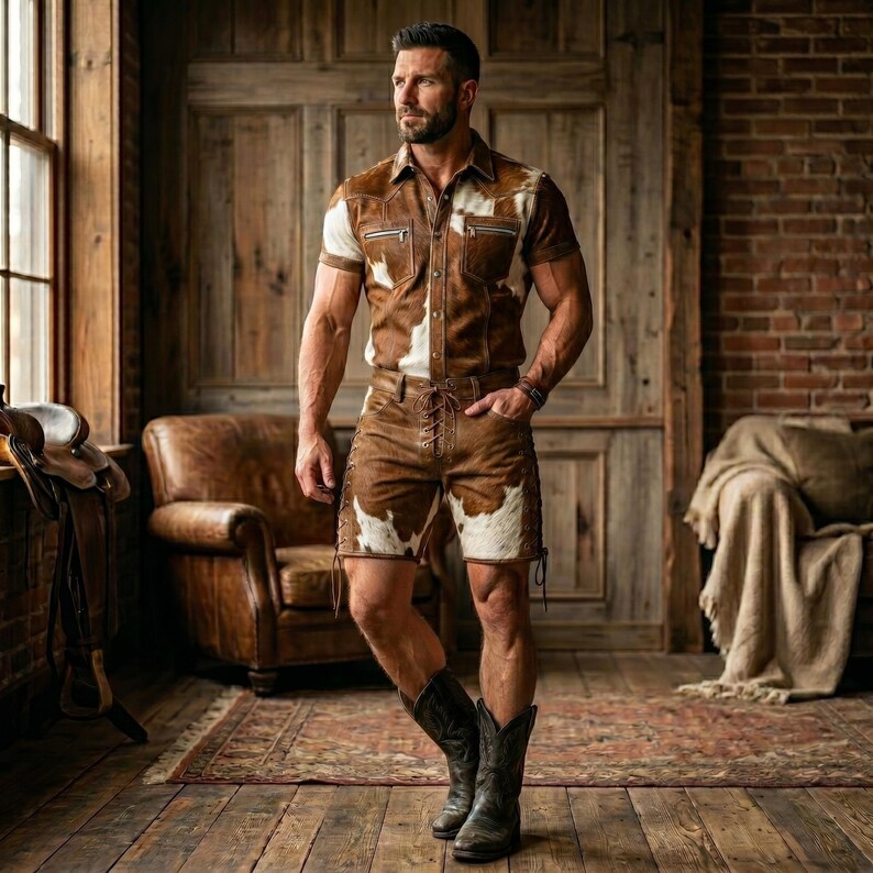 May include: A brown and white cowhide shirt and shorts set with a button-down shirt, short sleeves, and lace-up shorts. The outfit is paired with black cowboy boots. The background includes a wooden door and a brick wall.