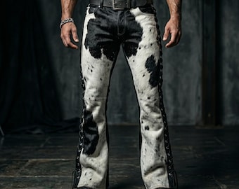 Men's Handmade Hair-On Cowhide Leather Pants, Black White Western Biker Lace-Up Style