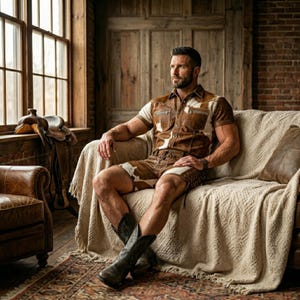 May include: A man wearing a brown and white cowhide shirt and shorts, paired with black cowboy boots. He is seated on a beige sofa with a patterned rug in a rustic, wood-paneled room. A saddle rests near a window.