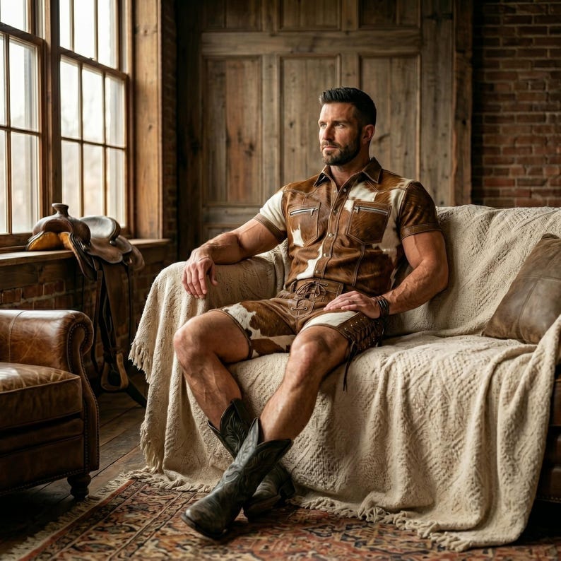 May include: A man wearing a brown and white cowhide shirt and shorts, paired with black cowboy boots. He is seated on a beige sofa with a patterned rug in a rustic, wood-paneled room. A saddle rests near a window.