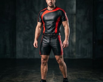 May include: A short-sleeved black t-shirt with red side panels and matching black shorts with red side panels and a black belt. The set features visible red stitching throughout, a round neckline on the shirt, and a standard button and zipper closure.
