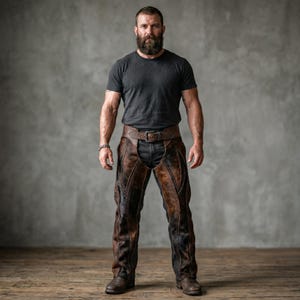 May include: A person wearing a black t-shirt, brown leather chaps, and brown leather boots. The chaps have a detailed, textured design and are secured with a brown belt. The background is a neutral gray.