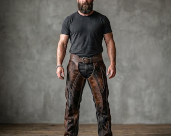 Men's Handmade Hair-On Cowhide Leather Chaps, Western Biker Style Pants Gear