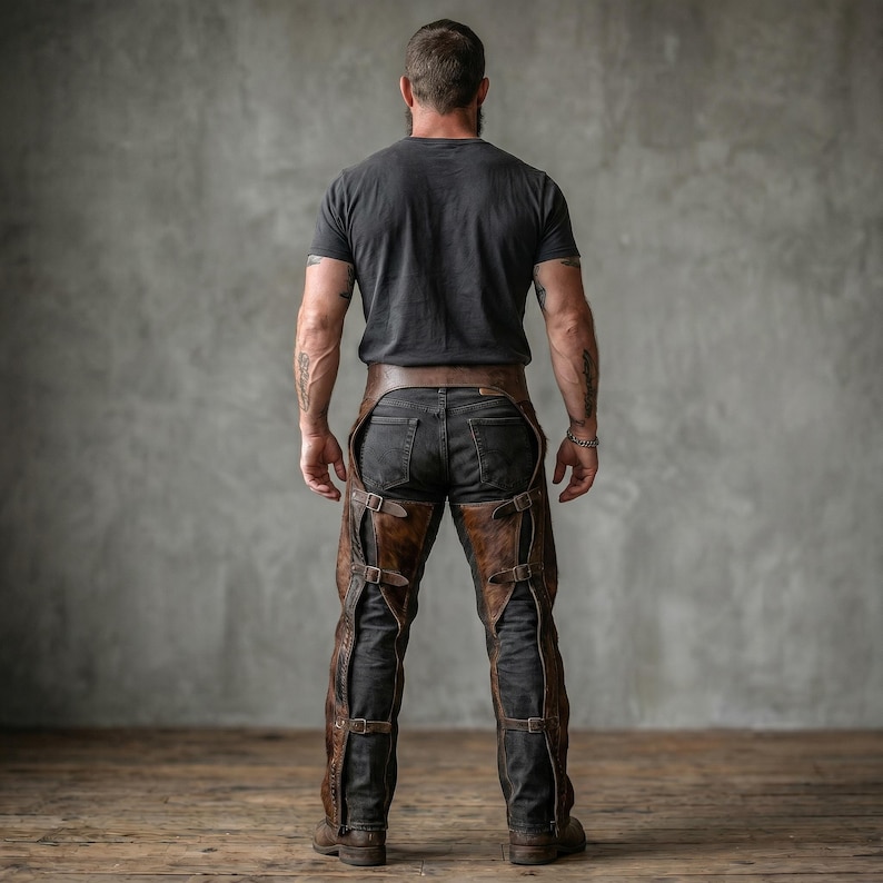 May include: A person wearing brown leather chaps with multiple buckle closures over black jeans. The chaps are worn with a brown belt and a dark gray t-shirt. The background is a gray wall and a wooden floor.