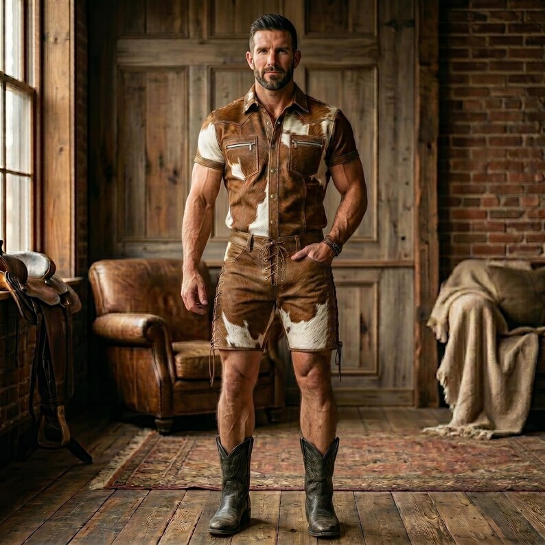 May include: A brown and white cowhide shirt and shorts set with a button-down shirt and lace-up shorts. The outfit is paired with black cowboy boots. The background features a rustic wooden door and a brick wall.