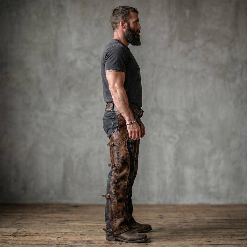 May include: Brown leather chaps with buckle details, worn over dark denim jeans. The chaps have a distressed appearance and are paired with brown boots. The person is wearing a black t-shirt.