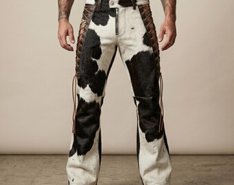 Men's Hair-On Cowhide Leather Pants, Western Biker Flared Trousers, Handmade Custom Fit