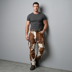 May include: A person wearing a gray t-shirt and brown and white cowhide pants with multiple pockets and leather straps. The pants are paired with a black belt and brown shoes. The person is standing against a gray wall.