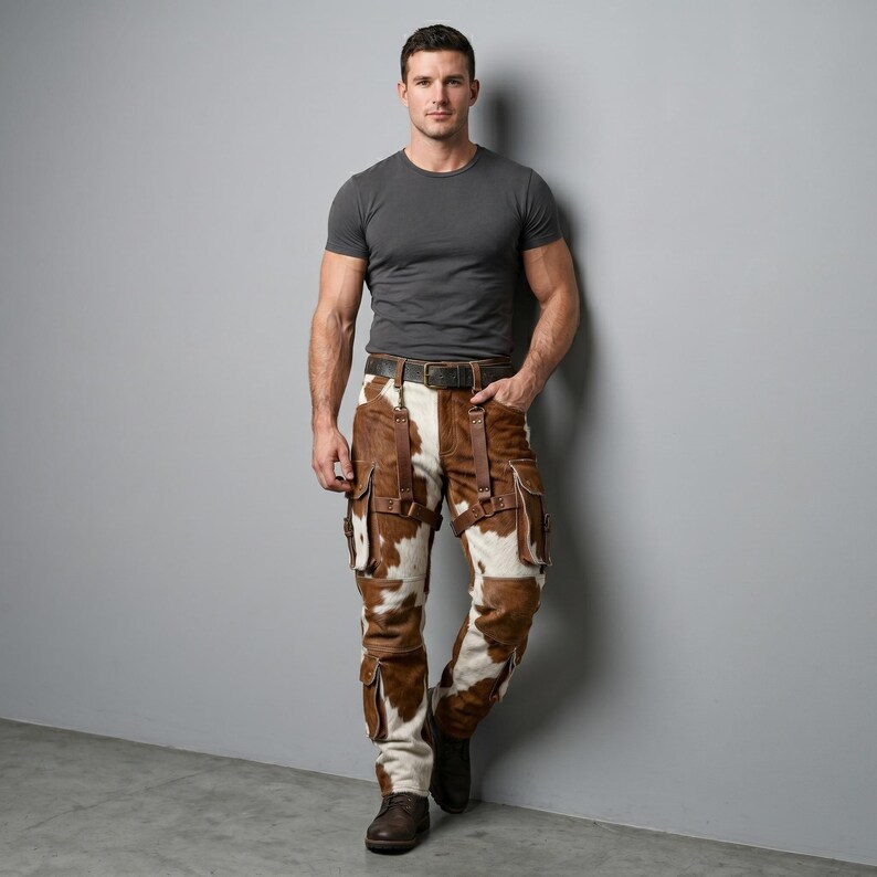 May include: A person wearing a gray t-shirt and brown and white cowhide pants with multiple pockets and leather straps. The pants are paired with a black belt and brown shoes. The person is standing against a gray wall.