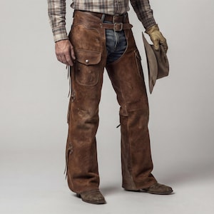 May include: Brown leather chaps with pockets and fringe detailing. The chaps are worn with a belt and jeans. A cowboy hat is held in the hand. The chaps are a western wear item.