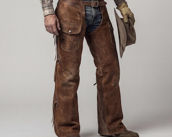 Hair-On Cowhide Leather Work Chaps | Handmade Cowboy Riding Chaps