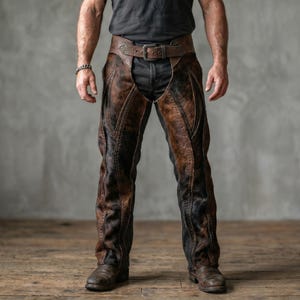 May include: Brown and black leather chaps with a matching belt. The chaps feature a textured, patterned design and are worn over dark denim jeans. The belt has a silver buckle. The person is wearing brown leather boots.