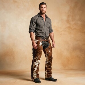 May include: A person wearing a gray button-down shirt, a brown leather belt with a silver buckle, and brown and white cowhide chaps with fringe. The person is also wearing black boots.