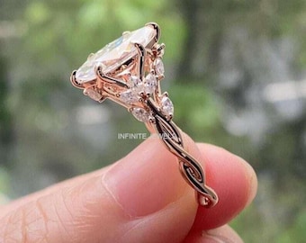 Floral Marquise Moissanite Engagement Ring, Solid Gold Nature Inspired Wedding Ring