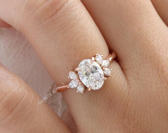 Oval Moissanite Diamond Engagement Ring, 14k Rose Gold Fairy 3 Stone