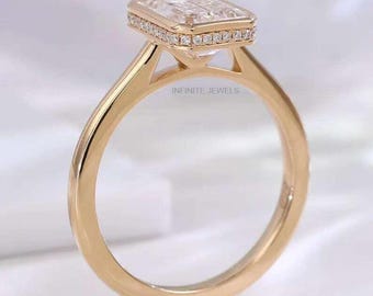 3CT Emerald Cut Moissanite Engagement Ring  14K Yellow Gold Bezel Set Solitaire  Proposal Ring