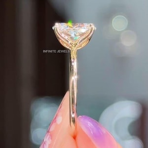 Solid 10k Yellow Gold Elongated Cushion Cut Moissanite Engagement Ring with Tulip Flower Setting Vintage Style Cushion Cut Solitaire Ring