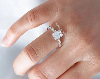 Emerald Cut Moissanite Bridal Ring, Marquise Side Stones, Sterling Silver