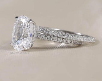 Oval Moissanite Engagement Ring Set: Hidden Halo, Pave Wedding Band