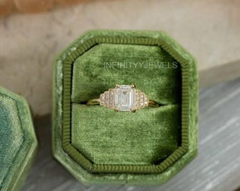 Emerald Cut Moissanite Ring, 14K Gold Cluster Engagement Ring