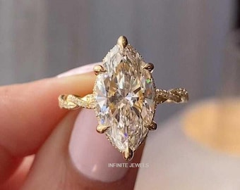 Marquise Cut 3CT Moissanite Engagement Ring, Hidden Halo, Solid Gold Anniversary Ring