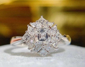 Asscher Cut Moissanite Cluster Engagement Ring, Diamond Side Stones