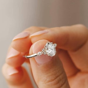 14k Yellow Gold Vintage Oval Moissanite Engagement Ring, Side Three Stone Wedding Ring for Women, Art Deco Cluster Marquise Diamond Ring