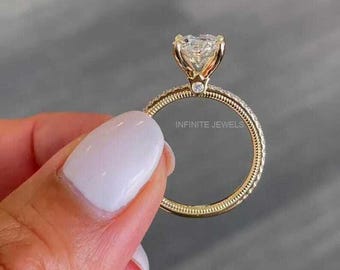 Antique Oval Moissanite Engagement Ring, Hidden Diamond, 14k Yellow Gold