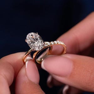 2 Ct Oval Cut Moissanite Bridal Ring Set, Oval Cut Engagement Ring With Matching Half Eternity Wedding Ring Set, 14k Two Tone Promise Ring