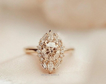Round Cut Moissanite Engagement Ring, Art Deco 18K Rose Gold Halo Wedding Ring