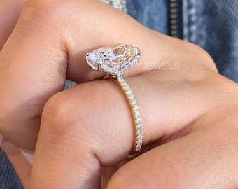 Vintage Elongated Cushion Cut Moissanite Engagement Ring, 14k Yellow Gold Hidden Halo