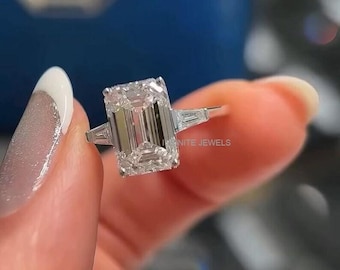 Emerald Cut 3 Stone Moissanite Engagement Ring, 14k Yellow Gold, Vintage Baguette