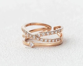 Moissanite Wedding Band, 18K Rose Gold Crossover Promise Ring
