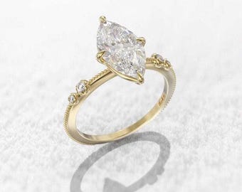 Marquise Moissanite Promise Ring, Round Diamond Accent, Milgrain Detail