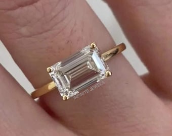 Emerald Cut Moissanite Engagement Ring, 14K Solid Gold, Four Prong Set