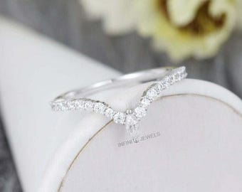 Moissanite Chevron Wedding Band, Marquise & Round Cut, Sterling Silver