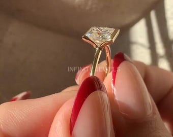 2ct Princess Cut Moissanite Engagement Ring: 14k Gold Half Bezel Solitaire