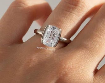 Antique Cushion Cut 3.00 CT Moissanite Ring, 14k White Gold Half Bezel