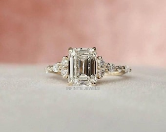 Emerald Cut Moissanite 14K Gold Engagement Ring, Marquise Side Stone