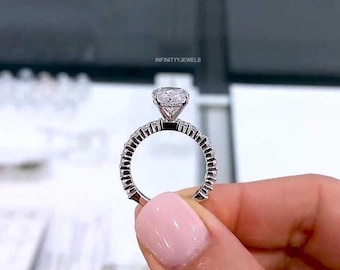 Oval Moissanite Hidden Halo Ring, 10k White Gold Accents, Vintage Anniversary Ring