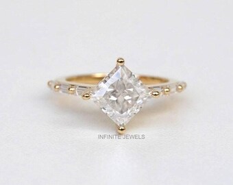 Princess Cut Moissanite Engagement Ring, 14K Gold Baguette Side Stone Ring