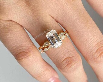 Emerald Cut Moissanite Wedding Ring Set, Marquise Side Diamond Engagement Proposal Ring