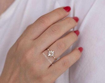Flower Moissanite Engagement Ring, Marquise & Round Cut, 14K Gold