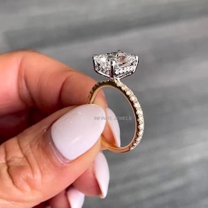 Elongated Cushion Cut Moissanite Engagement Ring with Hidden Halo Diamond, 3/4 Eternity Yellow Gold Ring, Two Tone Long Cushion Cut Ring