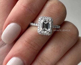 Emerald Cut Moissanite Halo Engagement Ring: Pave Diamond Band