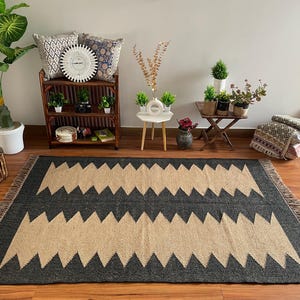 Handwoven Rug, Handmade Flatweave Wool Jute Dhurrie Rug, Southwestern Home Decor, Traditional Indian Jute Kilim, Custom Area Navajo Rug